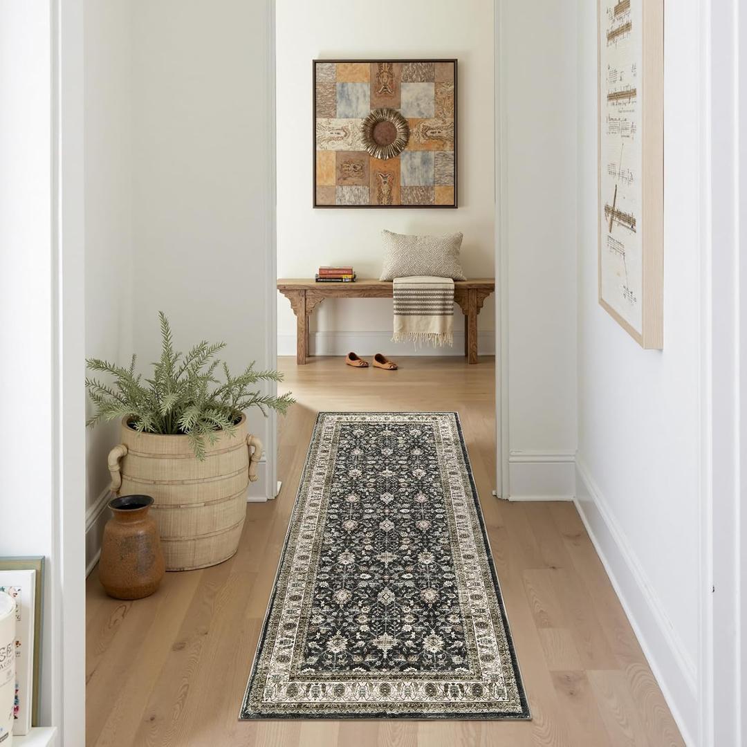 jinchan Vintage Runner Rug 2x5 Hallway Washable Floral Oriental Accent Distressed Indoor Non Slip Soft Lightweight Rug Retro Carpet for Kitchen Bathroom Bedroom Decor Black