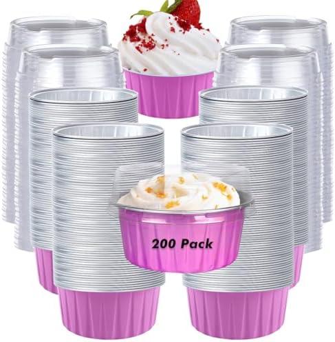 WYIPOLZI 5 oz Bake Pans with Lids Aluminum Foil Baking Cups, Aluminum Cupcake Baking Cups Foil Ramekins with Lids, Disposable Ramekins for Baking - Perfect for Party Wedding Birthday (Pink), 200 Pcs.