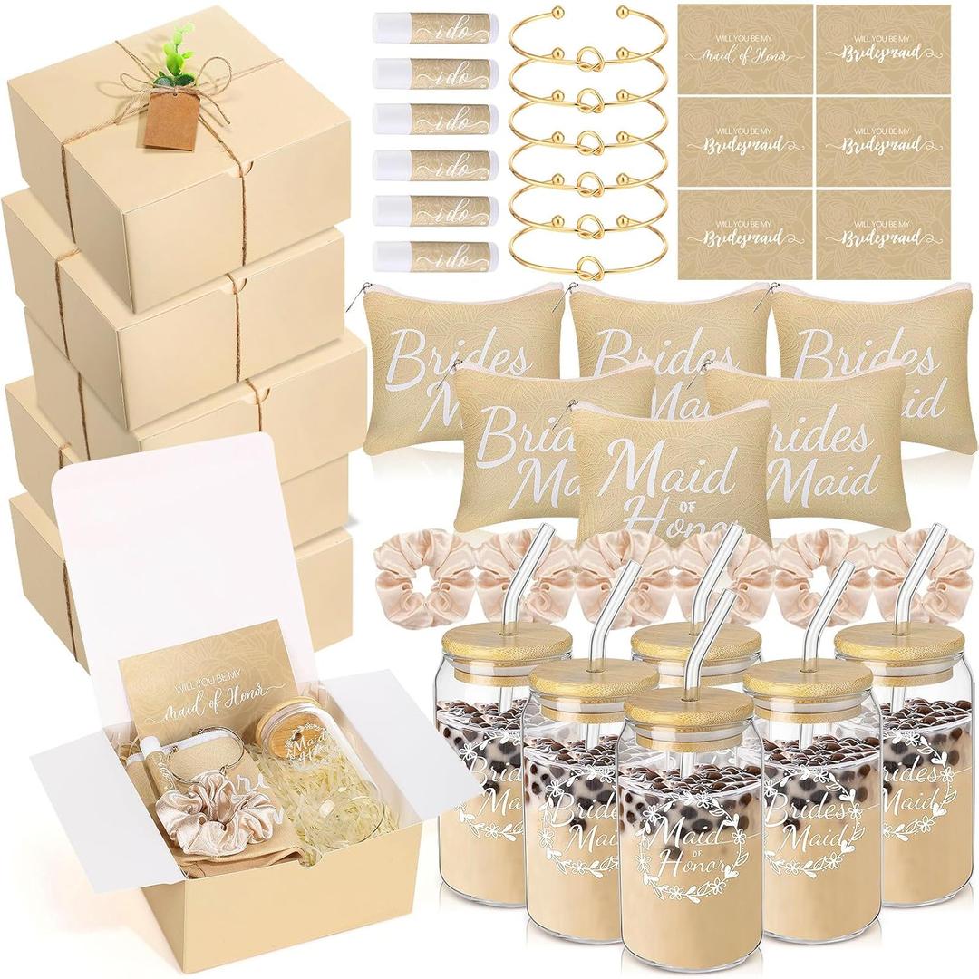 54 Pcs Bridesmaid Proposal Gifts Will You Be My Bridesmaid Set Include Gift Box Makeup Bag Invited Card Glass Cup Lip Balm Scrunchie Hair Knotted Bracelet for Maid of Honor(Beige)