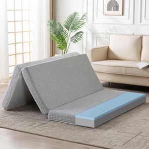Foldable Mattress, 4 Inch Memory Foam Guest Floor Mat, Tri Folding Portable Mattress for Kids and Adults, Washable Cover, Non-Slip Design, Full Size Grey