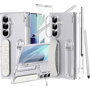 Finger Strap for Samsung Galaxy Z Fold 7 Case with S Pen Holder & Stylus, [Two Hinge Cover] Built-in Screen Protector Kickstand Wristband Full Coverage Slim Protective Case for Z Fold 7 Clear