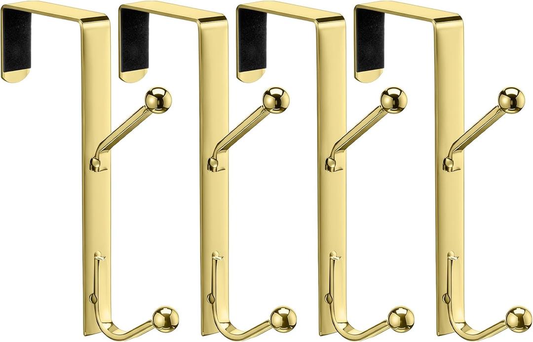 Blulu 4 Pack Over The Door Double Hooks, Bedroom Back of Door Hangers Metal Twin Hooks Organizer for Hanging Clothes, Towels, Coats, Hats, Bags, Bathrobes (Gold)
