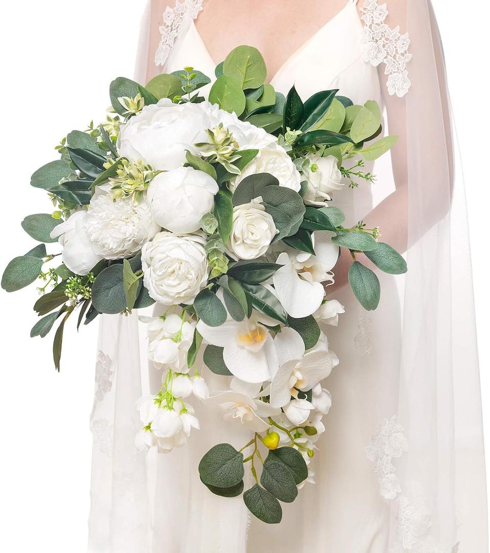 Ling's moment White Bridal Bouquet Cascading, White Wedding Bouquets for Bride, 13 Inch Ivory Bride Bouquets for Wedding Artificial Flowers Bouquets