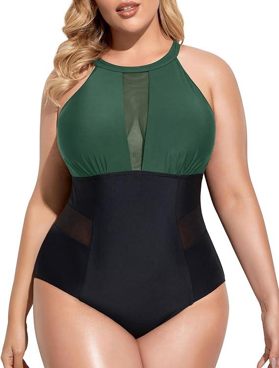 Daci Plus Size One Piece Swimsuit for Women - High Neck Plunge Mesh Cut Out Bathing Suits 24W