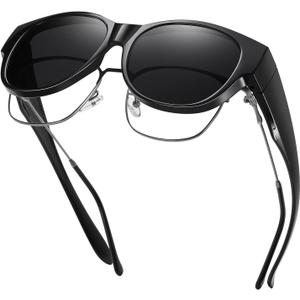 GEGURI Fit Over Glasses Polarized Sunglasses for Women & Men, Stylish Cat Eye Design Sun Glasses 100% UV Protection (01 Black Frame Grey Lens)