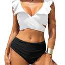 ZAFUL Women High Waisted Bikini Sets Two Piece Tie Back Ruffle Swimsuit Cross Cutout Ruched Bathing Suit 2025 White,L (L)
