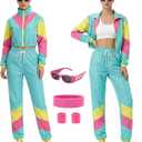 Essestim Women's 80s 90s Outfits Tracksuit Costume 5 Piece Color Block Retro Windbreaker Accessories Track Suits (Light Blue, XX-Large)