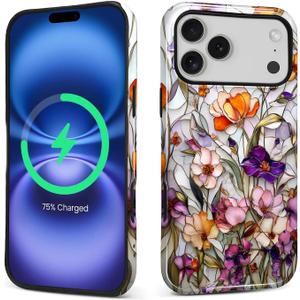 Magnetic Case for iPhone 17 Pro Max,Wildflower Mosaic Botanical Floral Compatible with MagSafe Hybrid Dual Protection Silicone + Hard PC Shockproof Anti-Scratch Protective Case for Men Women