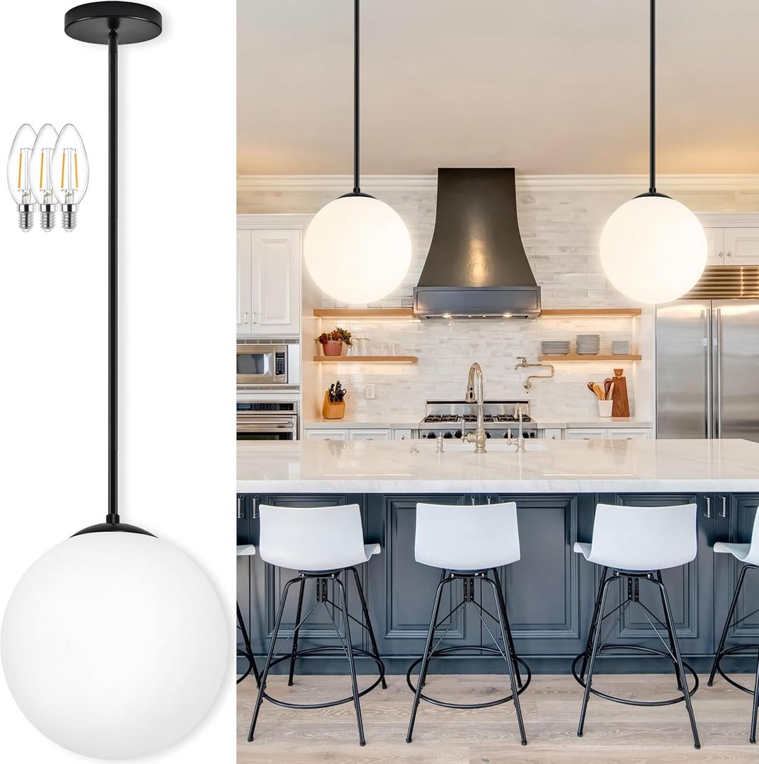 14" Globe Pendant Light 3-Light Black Milk Glass Pendant Light Mid Century Modern Light Fixture Globe Pendant Lights Kitchen Island Matte Black Finished with Milk Glass Lampshade for Bedroom