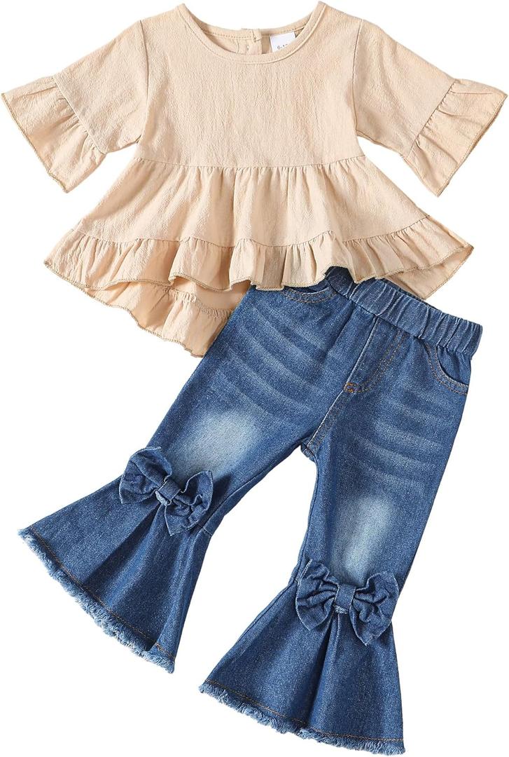 Kucnuzki Toddler Baby Girls Clothes Long Sleeve Shirt Top Flare Denim Jeans Cute Outfit Baby Girl Fall Winter Clothes (6-12 Months)