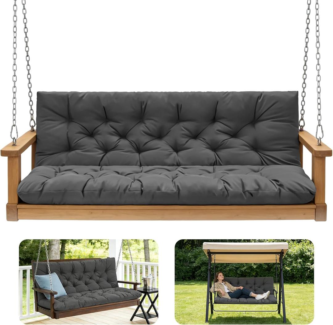 Porch Swing Cushions,Outdoor Cushions 3 Seater Replacement with Backrest, Waterproof Thickened Bench Cushion with Ties for Porch, Patio,Outdoor, Backyard and Garden(Dark Gray 60 * 40 in), 60x 40 inches