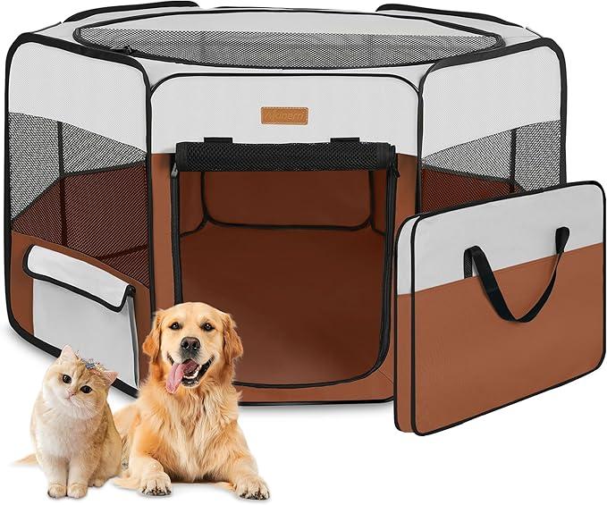 Amazon Basics 8-Panel Octagonal Plastic Dog Playpen, Indoor/Outdoor Pet Fence with Gate, Exercise Pen for Puppies and Small Animals, 28 inches, Grey
