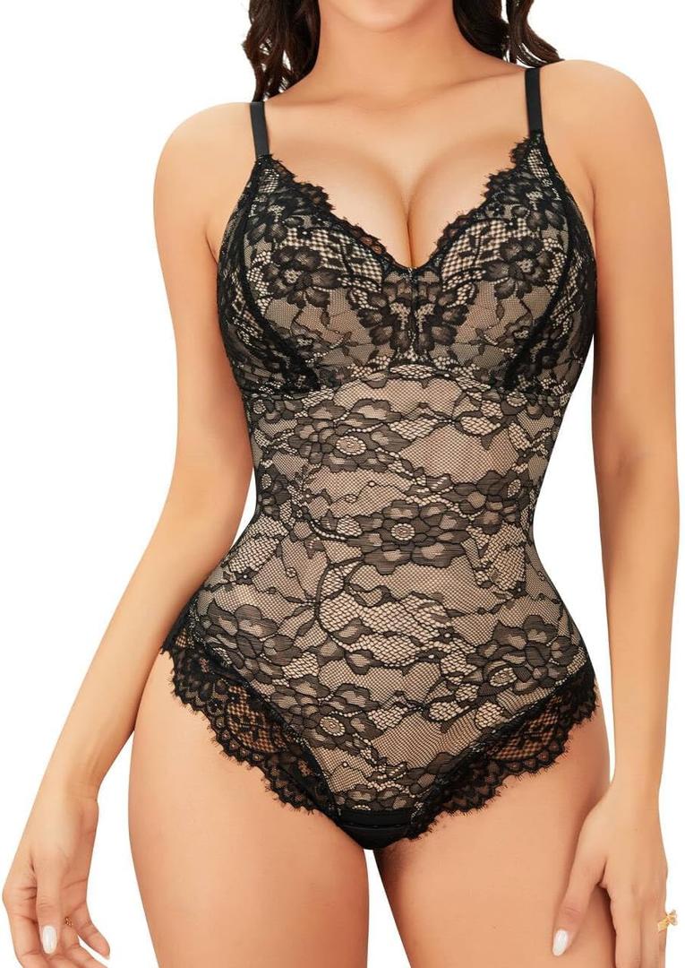 Vorcy Lace Bodysuit for Women Tummy Control Backless Top V-Neck