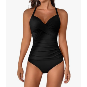 B2prity Women's Ruched Tankini Swimsuits V Neck Wrap Tie Back Two Pieces Bathing Suit Tummy Control Swimwear M