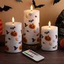 Halloween Flameless Pillar Candles with Remote, Flickering Pumpkin Bats LED Candles Battery Operated Set of 3