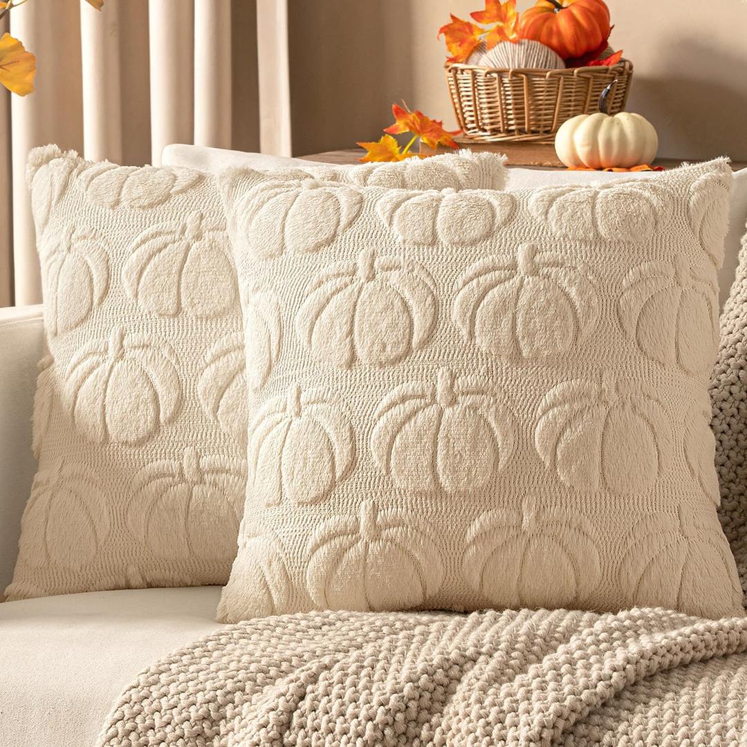 Woaboy Fall Decorative Pillow Covers 18x18 Inch, Beige, Set of 2 Pumpkin Halloween Thanksgiving Autumn Harvest Soft Faux Fur Pillows for Couch Porch Sofa Bedroom Living Room Home Decor
