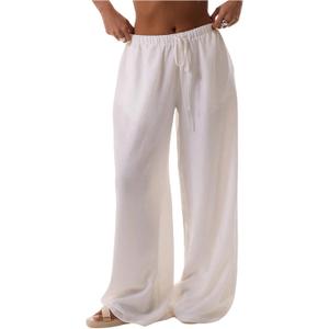 Womens Linen Pants Wide Leg Loose Cotton Swimsuit Coverups Summer Pants Beach Vacation Outfits (Large, White)
