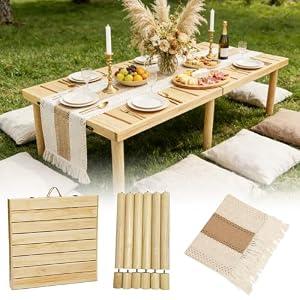 Gereat 60" X 30" Boho Low Picnic Table, Portable Wooden Picnic Table with 3 Adjustable Heights, Natural Pine Wood Floor Table for Camping, Weddings, Beach & Family Gatherings, Seating for 6-8 People