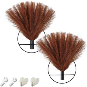 Pretty Jolly Boho Wall Decor - Mounted Metal Hanging Artificial Pampas Display for Living Room, Bedroom, Bathroom, Dining Room - Plant Art 2 Pack (S 7.8inch (Black Ring), 16-pampas-YellowCoffee - Black Ring)