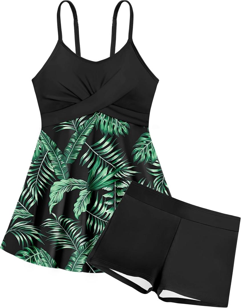Girls Swimsuits Criss Cross Tropical Print Mesh Dress Bathing Suits with Shorts 2 Piece Tankini for Teens (15-16 Years, Black+Green)
