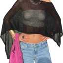 Women Sheer Poncho Top Knit Crochet Lightweight See Through Shawl Summer Shrug Beach Cover Up (Black, M)