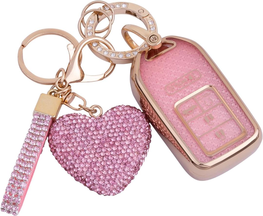 Compatiable with Honda Key fob Cover with Diamond Bling Keychain, Car Accessories Key Holder Shell Full Protection for 2016-2022 Accord Civic CRV Pilot Odyssey,Gold Pink