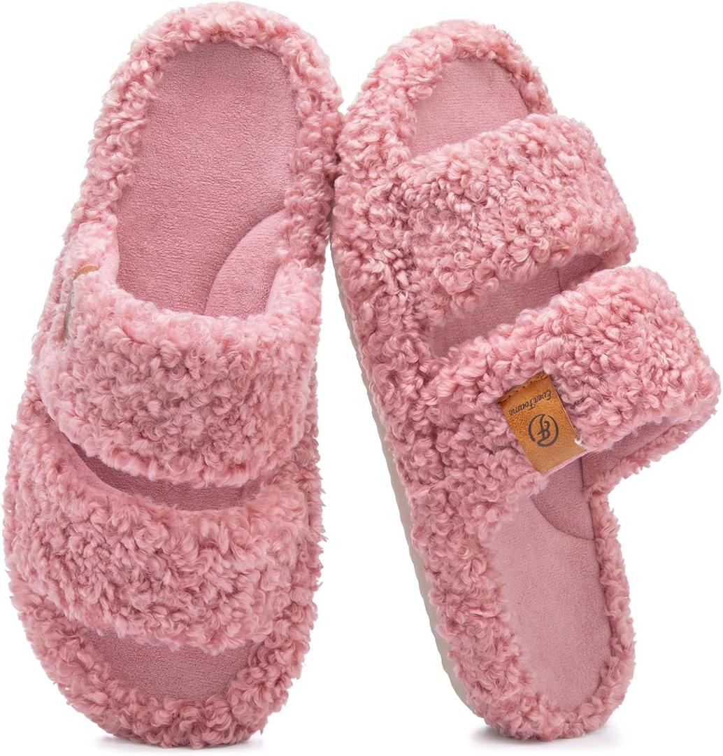 EverFoams Womens Fuzzy Open-toe Slippers Soft Comfy Memory Foam Indoor House Shoes (11-12, Dusty Rose)
