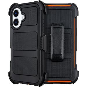 for Defender Phone Case iPhone 16 Plus Case with Clip Holster,Heavy Duty Rugged Full-Body Protective,3 Layers of Sturdy,Military-Grade Shockproof Cover for iPhone Plus 16 Case Defender(Black & Orange)