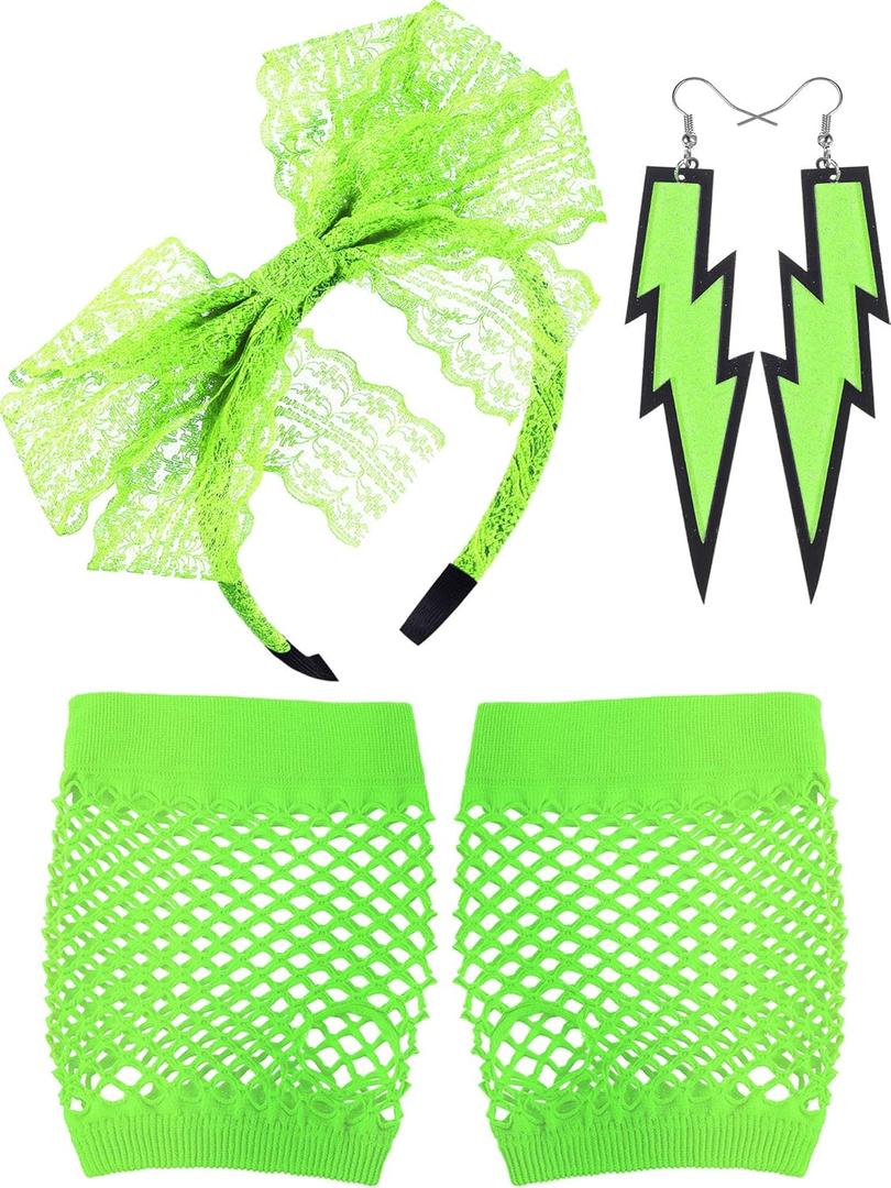 Blulu 80s Accessories for Women Lace Headband Neon Earrings Fishnet Gloves for 80s Retro Party Fancy Dress Masquerade (Fluorescent Green)