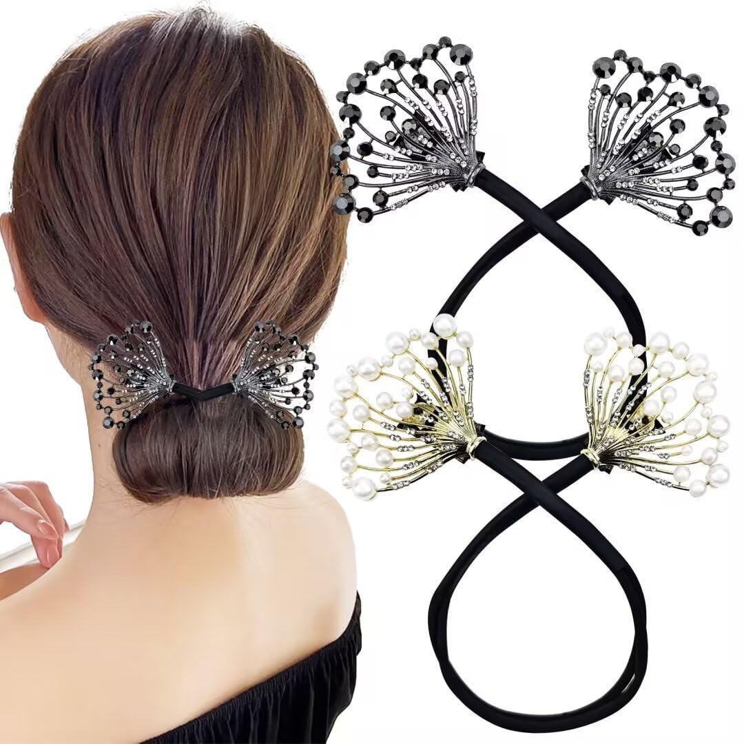 2 PACK Rhinestone Pearl Hair Accessories - Lazy Curler, Crystal Twist Bun Maker, French Hairstyle for Women and Girls