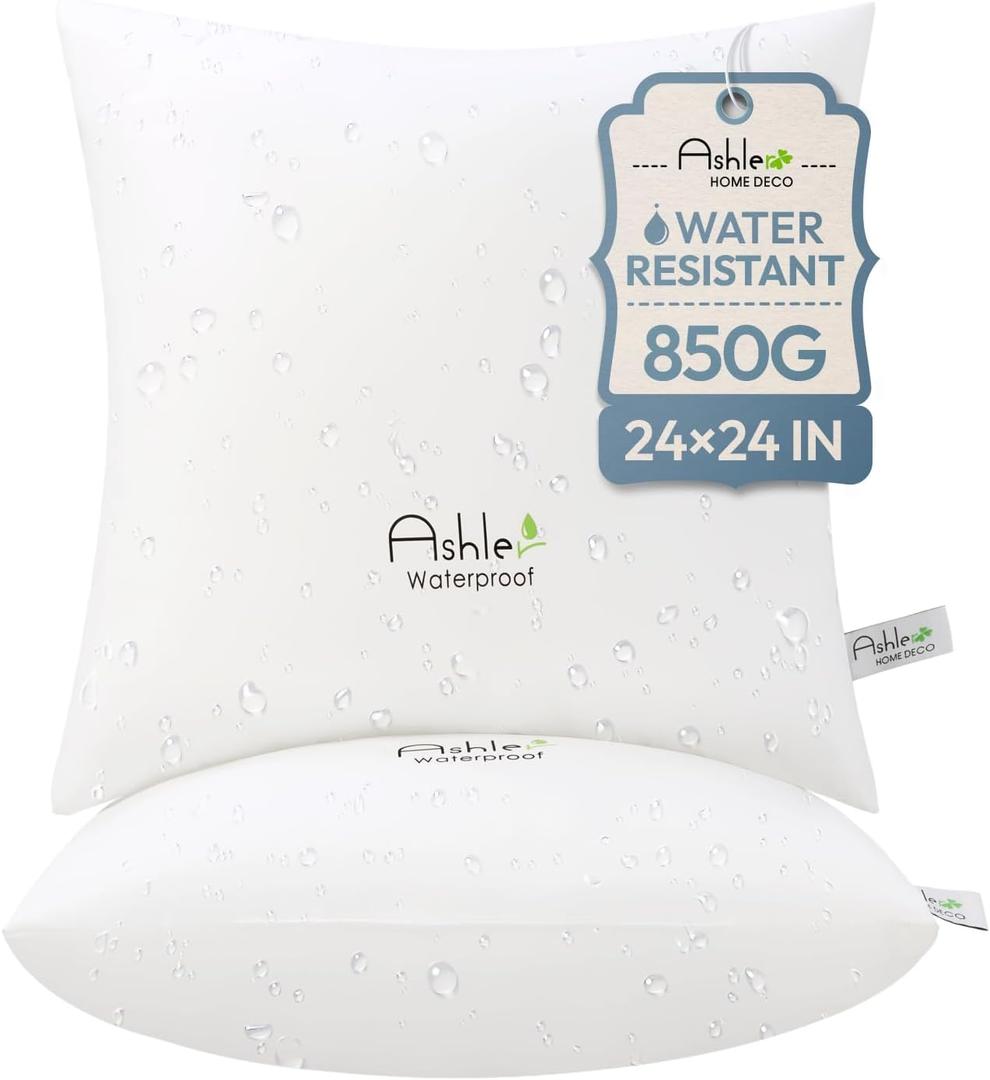 Ashler Outdoor Throw Pillow Inserts - 24 x 24 Pillow Inserts Set of 2, Water Resistant Hypoallergenic Pillows Decorative for Garden, Waterproof Pillow for Sofa Couch, White