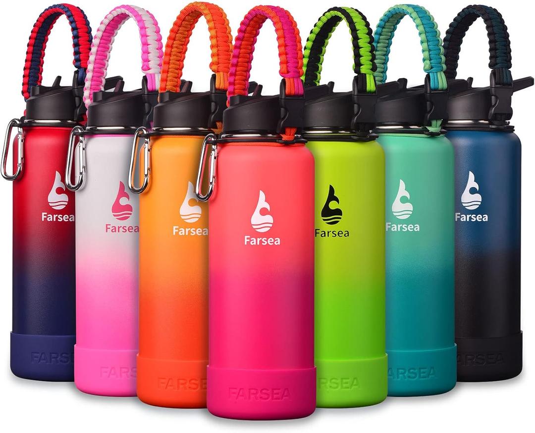 Farsea Insulated Water Bottle With Paracord Handle, Protective Silicone Boot and 2 Lids (Straw Lid & Spout Lid), Stainless Steel Water Bottle Wide Mouth, Double Wall Sweat-Proof BPA-Free, 40 oz (Coral/Punch)