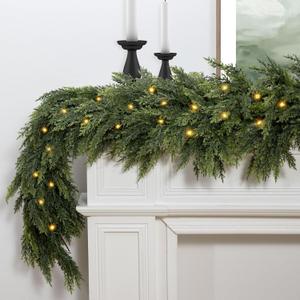 6FT Artificial Cedar Christmas Garland with 120 LED Lights - Real Touch Winter Pine Garland, Green Artificial Greenery Garland for Table, Mantle, Wall, Indoor, Outdoor Christmas Decorations
