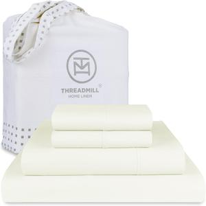 Threadmill 100% Supima Cotton Sheets, 1200 Thread Count Cotton for Cal King Size Bed, 4 Pc Ivory Cal King Bed Sheets Set, 5-Star Hotel Quality with Elasticized Deep Pocket King Sheets