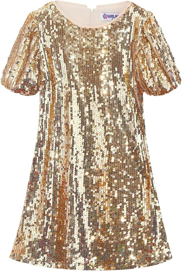 WELAKEN Girls Ombre Sequin Dress Sparkly Fancy Short Puff Sleeves Gradient Party Dress (12 Years, Gold)