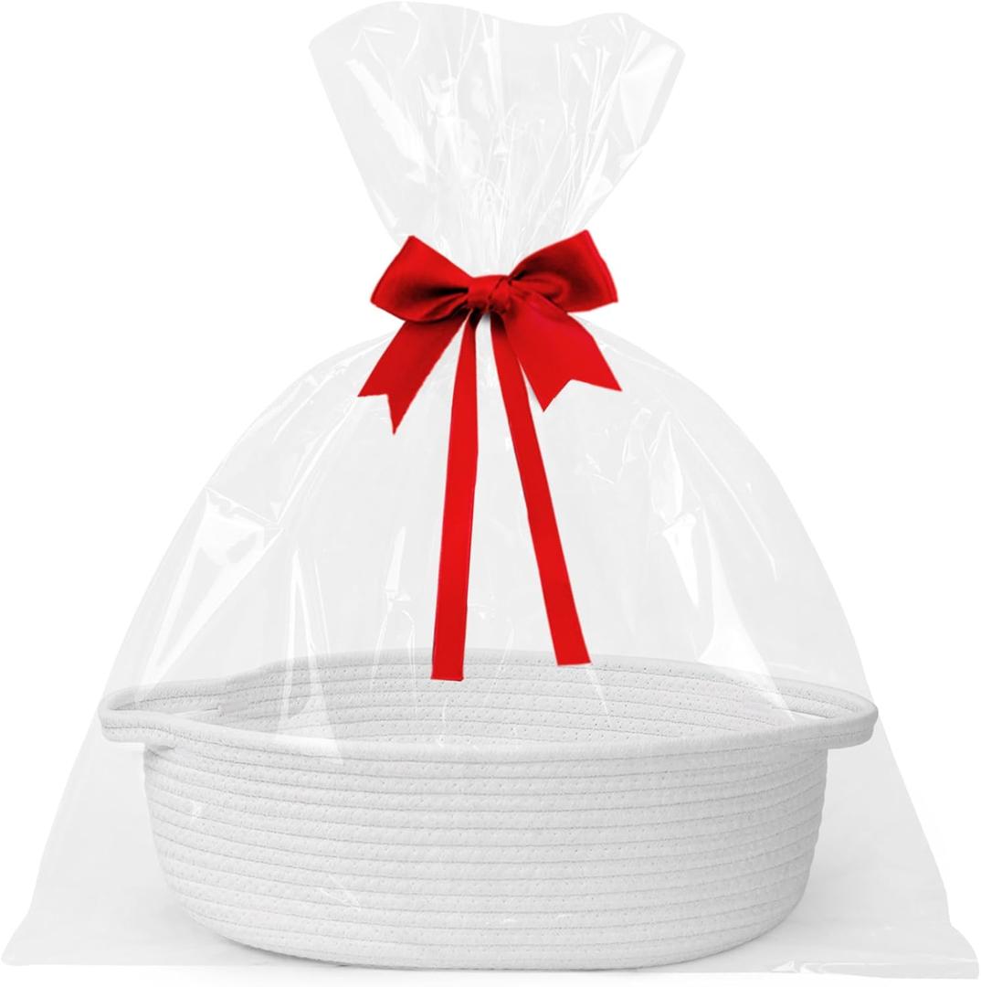 Small Baskets for Gifts Empty, 13"x 9"x 5" Woven Gift Basket with Bag and Ribbon, Cotton Rope Kids Dog Cat Toy Bin Box, Cute Baby Nursery Organizer, Decorative Storage with Handles (White)