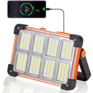 120W Solar Rechargeable Work Light, 144 LED 10000LM Portable Flood Light with Stand, IP66 Waterproof 4 Modes LED Job Site for Mechanic Camping Fishing Car Repair (Orange 1 Pack)