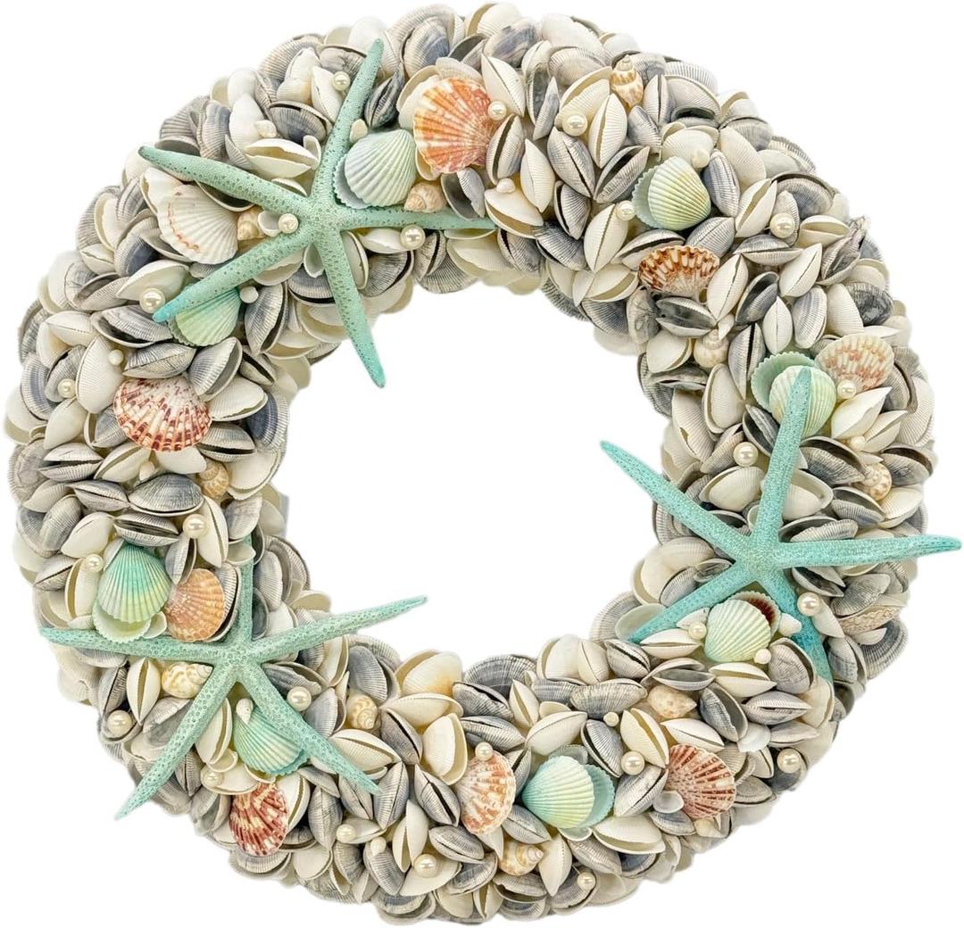 Natural Seashell Wreath w/Shells, Starfish, Pearls, Sea Snails - Spring & Summer Coastal Decor Beach House Indoor Door Wreath, 23in Blue/Aqua (23.6 inch)