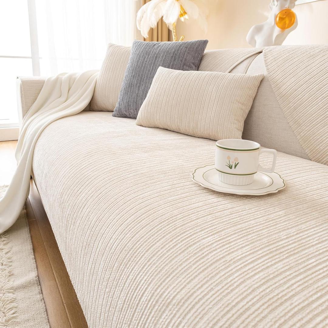 Chenille Couch Cover Fuzzy Sectional Couch Sofa Covers for Pets Washable Non-Slip L Shaped Sofa Slipcover for Dogs Furniture Protector for Cats (1 PCS 35"x82" Cream)