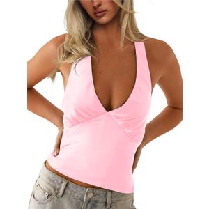 CSDAJIO Sexy Silk Satin Deep V Neck Halter Tops for Women Tie Back Tank Top Going Out Low Cut Backless Shirt (Small, Light Pink)