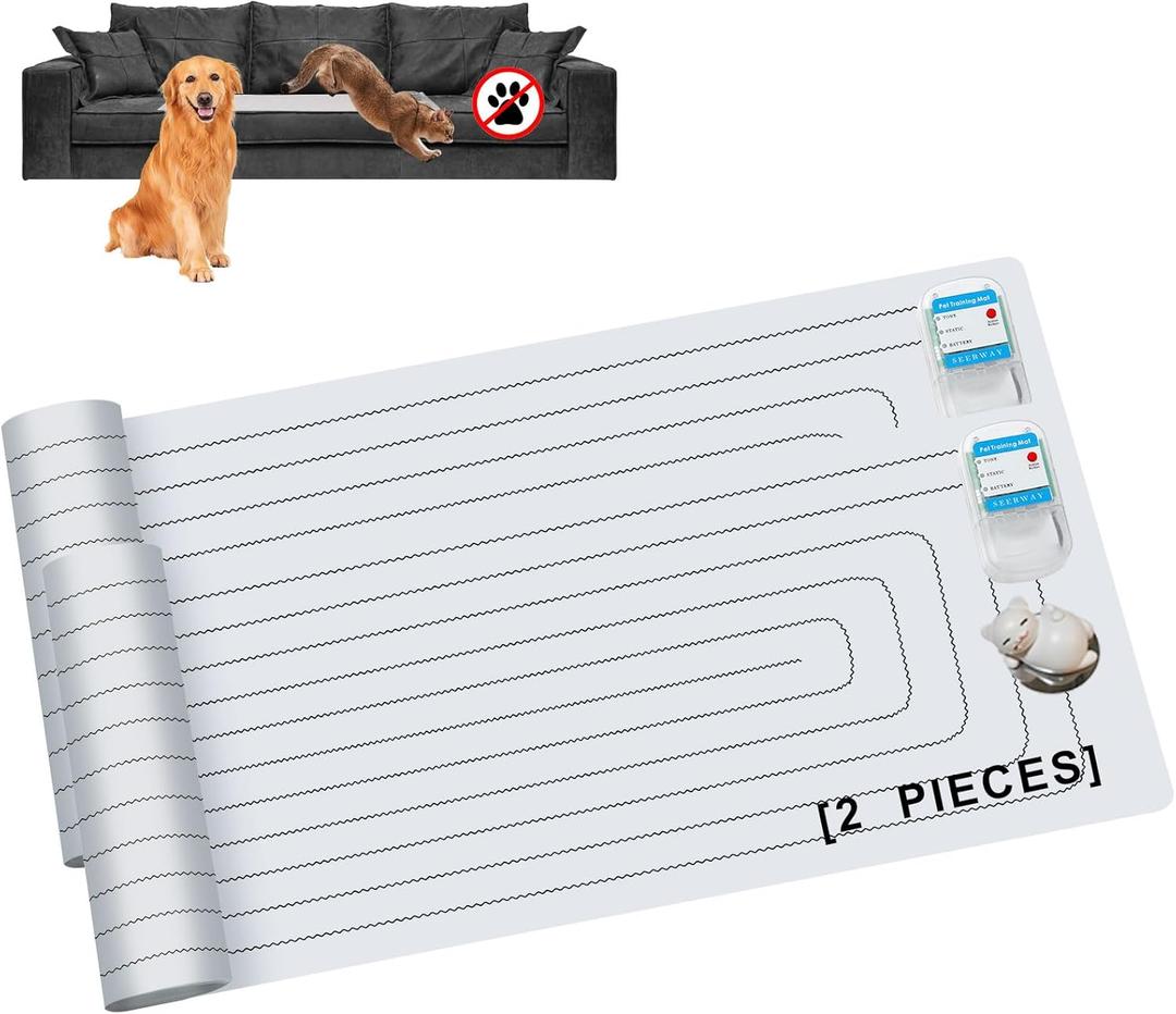 SEERWAY Scat Pet Shock Mat 2 Pieces with Tester, Shock Pad for Dog and Cat Training Indoor, Electric Repellent Mat Keeps Pet Off Couch, Sofa, Countertop, 3 Modes, 2 Pieces Same Size, Battery Operated