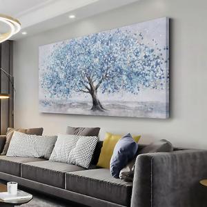 Tree of Life Wall Art Blue Tree Picture Wall Decor Artwork Framed Abstract Canvas Painting Nature Decor for Living Room Bedroom Bathroom Office Home Decor 20"x40"Can Be Hung Directly