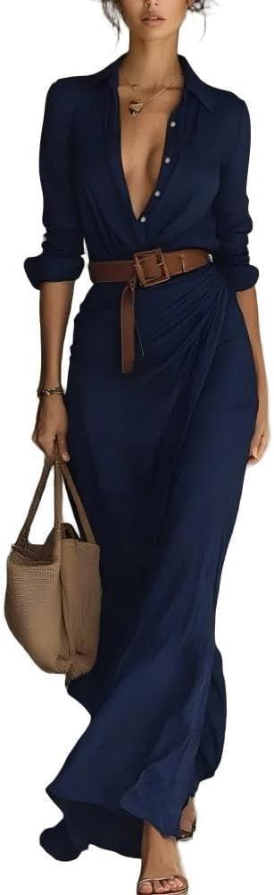 Chvity Womens Button Down Shirt Maxi Dress Lapel Long Sleeve High Slit Pleated Solid Color Flowy Fall Spring Dresses (Medium, Navy Blue)
