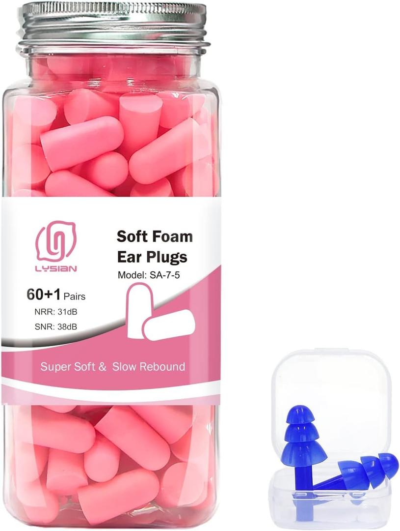 LYSIAN Ultra Soft Foam Ear Plugs for Sleep Noise Reduction -38dB Noise Cancelling Earplugs for Sleeping, Snoring, Shooting, Travel, Women-60 Pairs-Pink Color