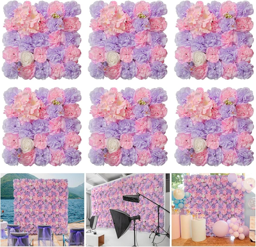 Flower Wall Backdrop 6 Piece of 16.5x16.5 Inch Artificial Floral Wall Panel Faux Silk Rose Wall Decor Ideal for Wedding Celebrations, Festive Party Backdrops, and Home Decor-Pink and Purple