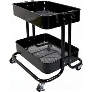2 Tier Cart with Wheels Heavy Duty Metal Rolling Storage Cart for Under Desk Storage, Short Small Utility Shelf for Pantry Kitchen Bathroom Laundry, Home Organizer with Large Basket, Black