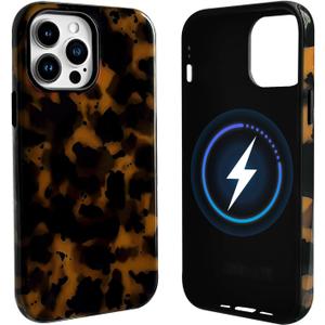 NITITOP Compatible with iPhone 14 Pro Case Magnetic Compatible with MagSafe Cute Leopard Amber Aesthetic Tortoise Design for Women Men Girls Soft TPU Shockproof Protective Cover - Black