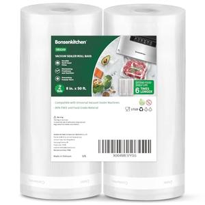 Bonsenkitchen Vacuum Sealer Bags, 8" x 50' Rolls 2 pack for Food Storage Saver, Bpa Free, Heavy Duty, Commercial Grade Textured Food Roll, Customized Size Bag for Sous Vide Cooking