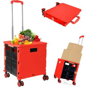 SUNALLY Folding Utility Cart Rolling Crate Handcart Shopping Trolley, Red