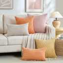 Fancy Homi Set of 2 Orange Fall Decorative Throw Pillow Covers 18x18 Inch for Couch Bed Sofa, Autumn Halloween Thanksgiving Decor, Soft Plush Thick Striped Corduroy Cute Aesthetic Home Decor 45x45cm